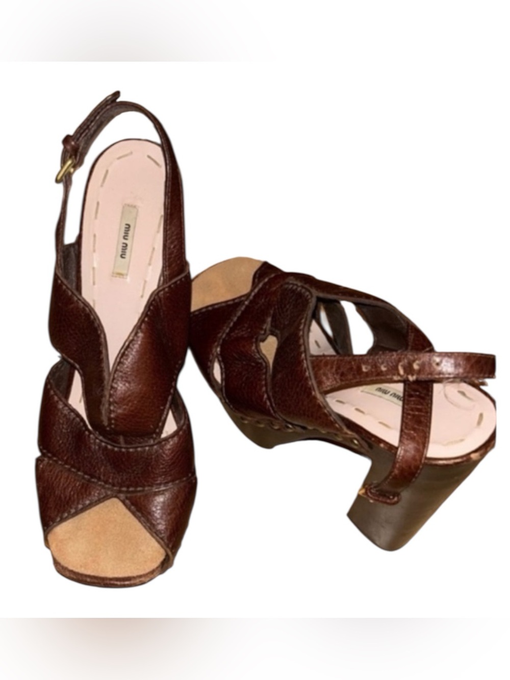 Miu Miu Dark Brown Leather Peep-Toe Slingback Heels